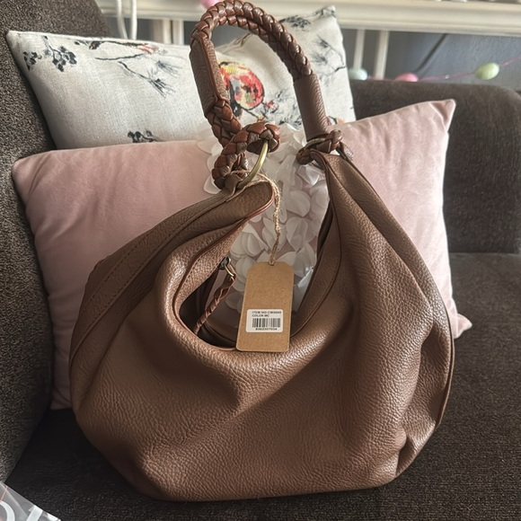 Elegant Tan Leather Women's Bag with woven handle and mini wallet - Picture 2 of 4